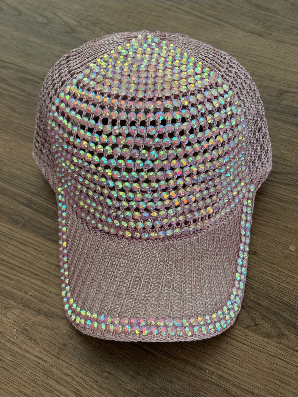 Pink Knit Baseball Cap with Iridescent Rhinestones